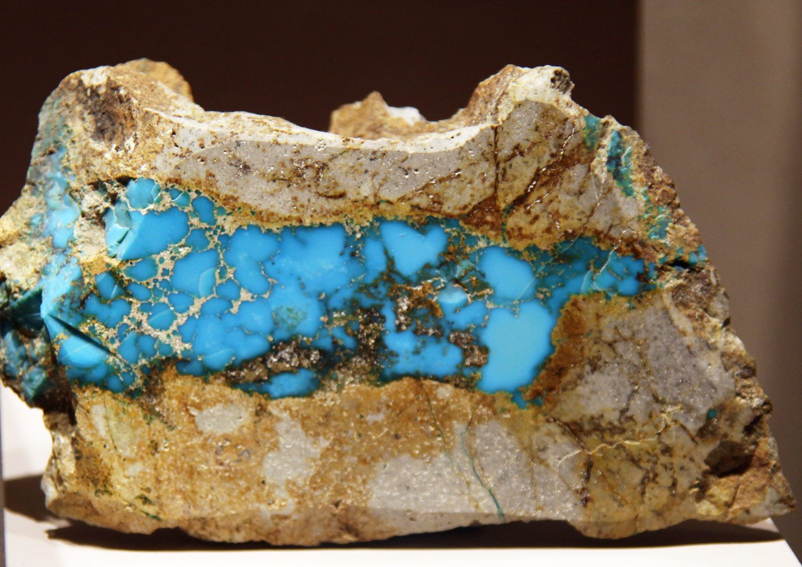 A raw, unpolished piece of blue-green turquoise from Los Cerrillos, New Mexico, in the Smithsonian's mineral collection