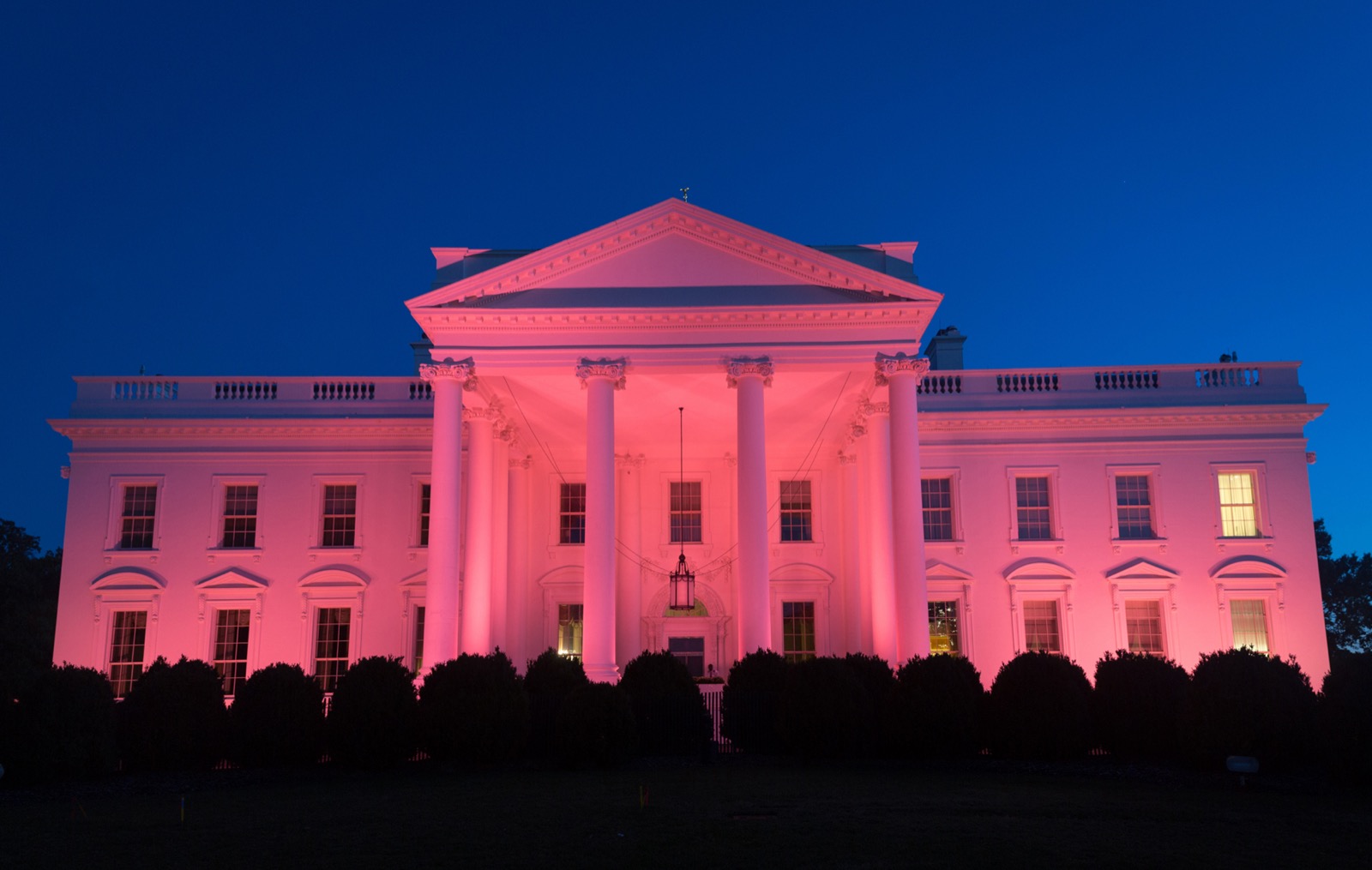 The White House illuminated pink at night in honor of National Breast Cancer Awareness Month, October 2017