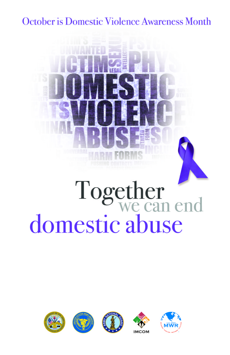 United States military poster marking October as Domestic Violence Awareness Month, with a purple awareness ribbon