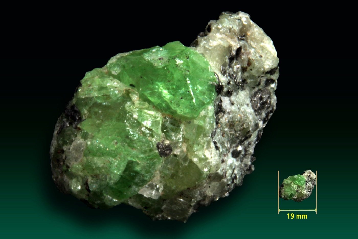 Vivid green tsavorite garnet crystal on matrix from the Merelani Hills, Tanzania