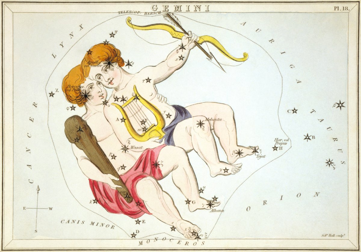 Hand-colored 1825 star chart of the Gemini constellation from Urania's Mirror, showing the twins Castor and Pollux