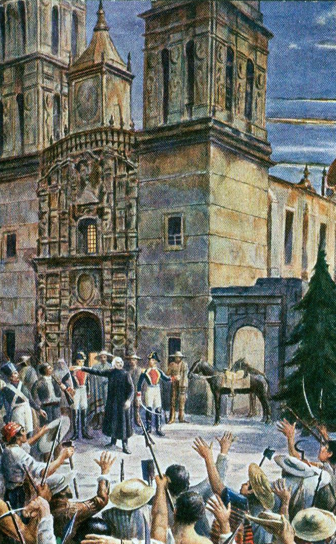 1910 chromolithograph postcard by Adrián Unzueta depicting Miguel Hidalgo proclaiming Mexico's independence at Dolores in the early hours of September 16, 1810