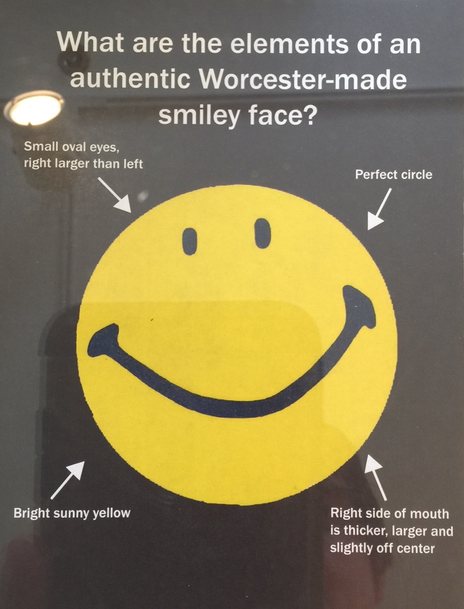 An authentic Harvey Ball smiley-face pin from Worcester, Massachusetts, on display at the Worcester Historical Museum